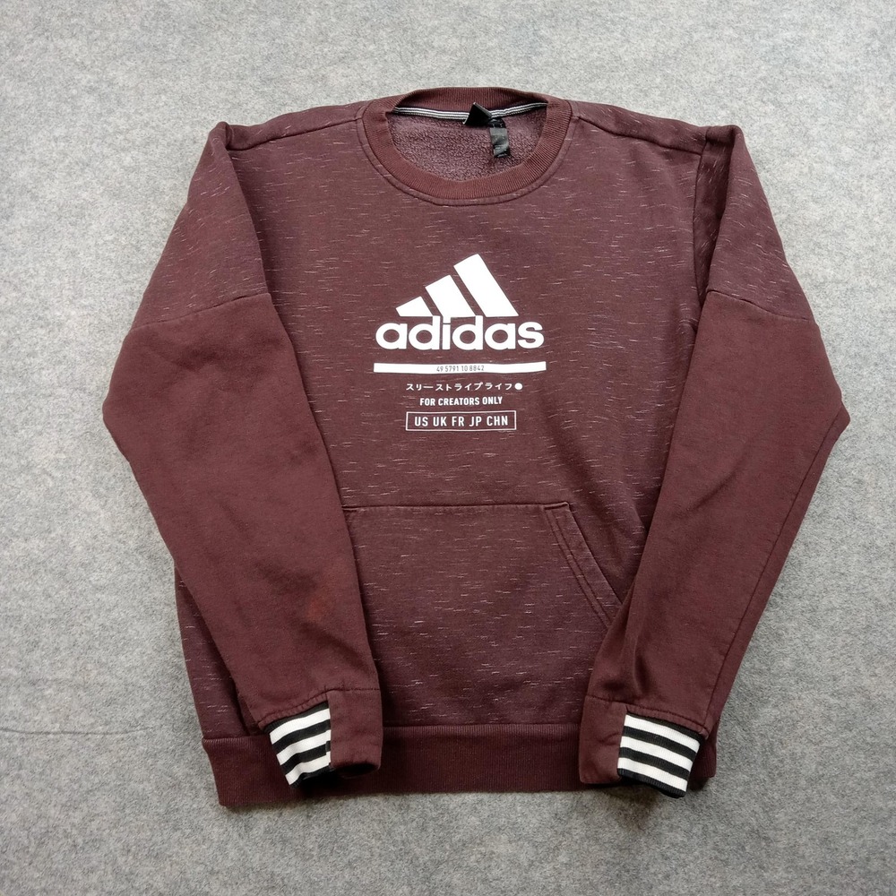 Adidas Sweatshirt Mens Small Burgundy Crewneck‎ Kangaroo Pocket Logo Sweater